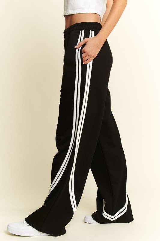 SOLID COTTON SIDE STRIPES WIDE LEG PANTS: Black / S
