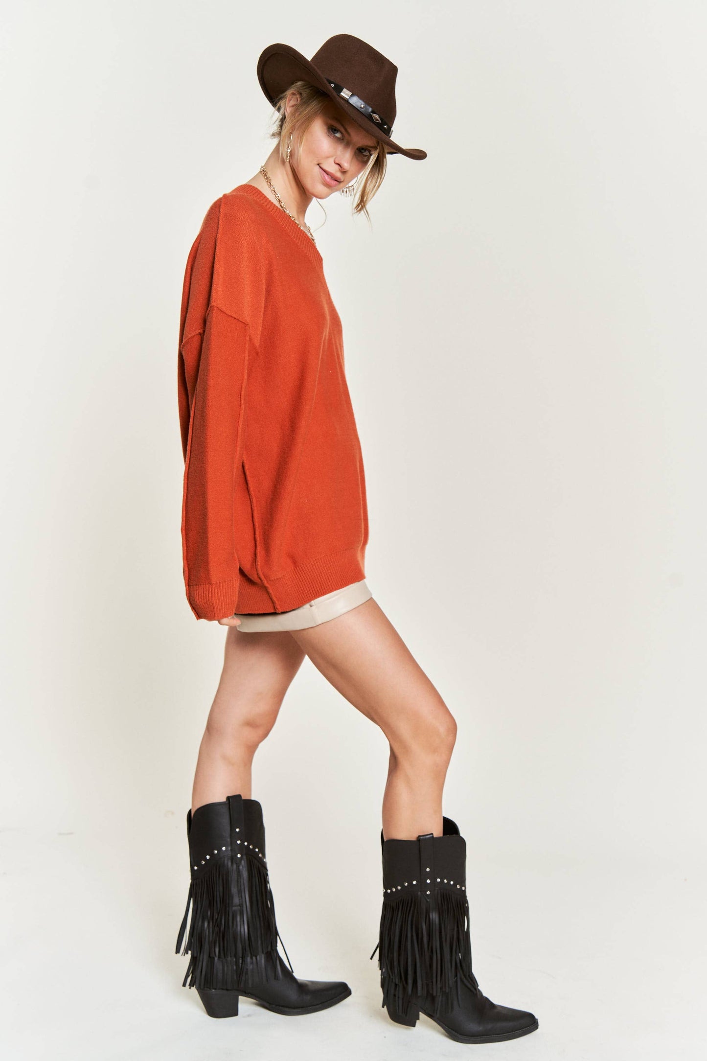 PLUS SIZE V-NECK OVERSIZED SWEATER: ORANGE / 2X