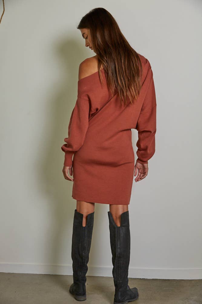 W1775 | Knit Sweater One Side Off The Shoulder Mini Dress: Terracotta / L