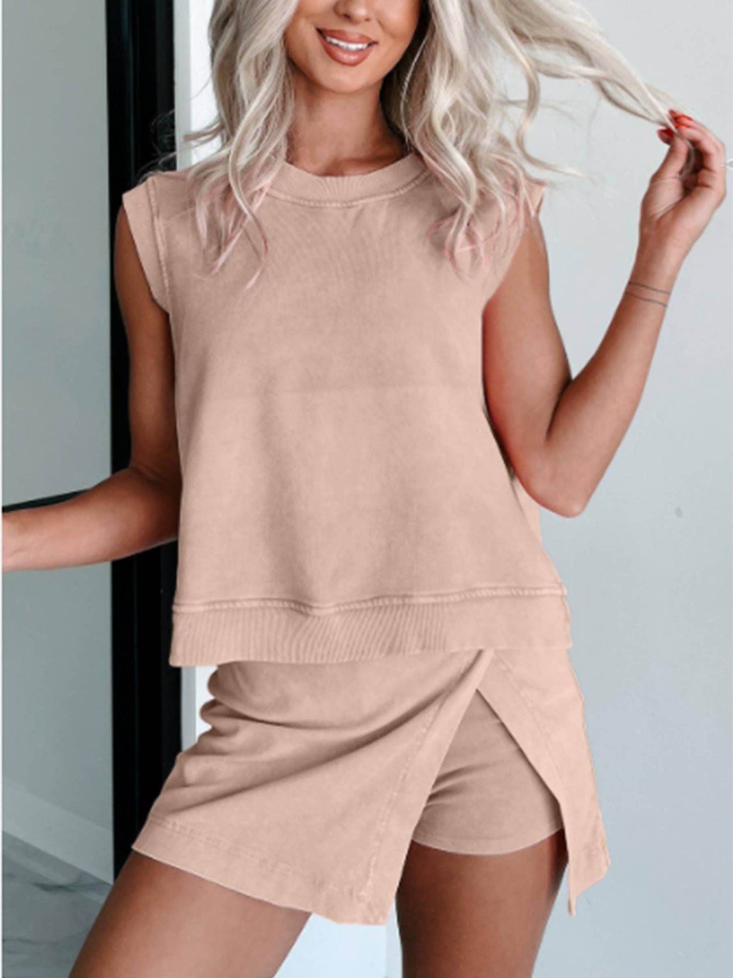 Sleeveless Top and Short Skirt Two Piece Set : Purple / M