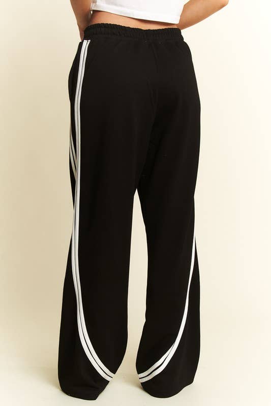 SOLID COTTON SIDE STRIPES WIDE LEG PANTS: Black / 2XL