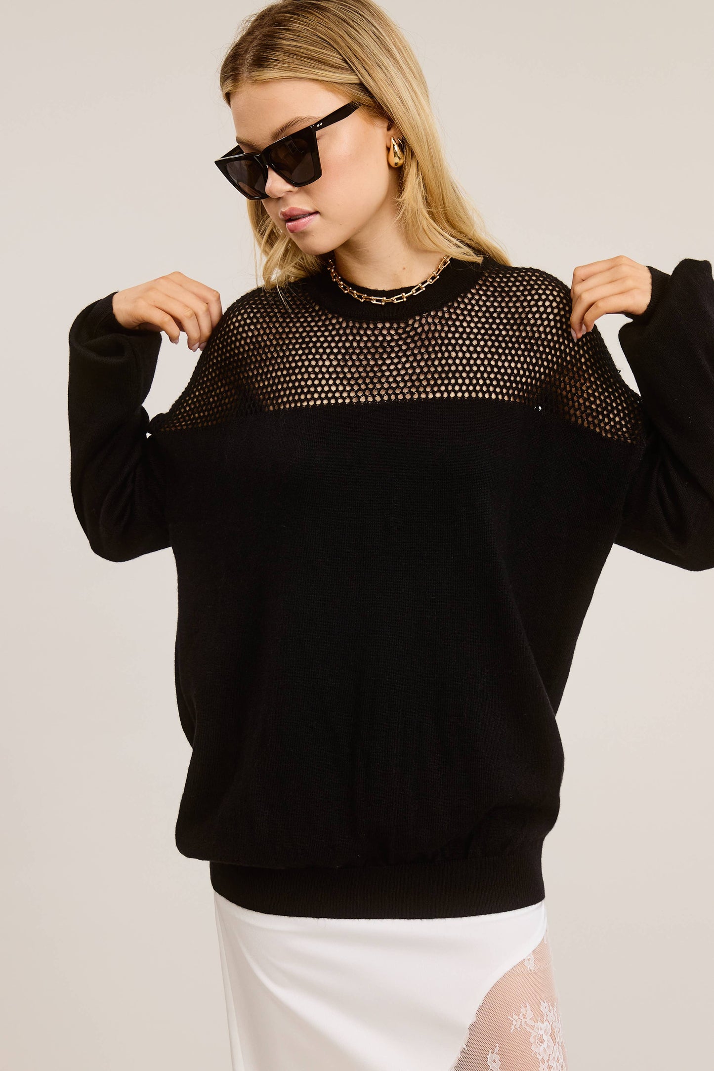 Crochet Mesh Long Sleeve Knit Sweater: Black / M