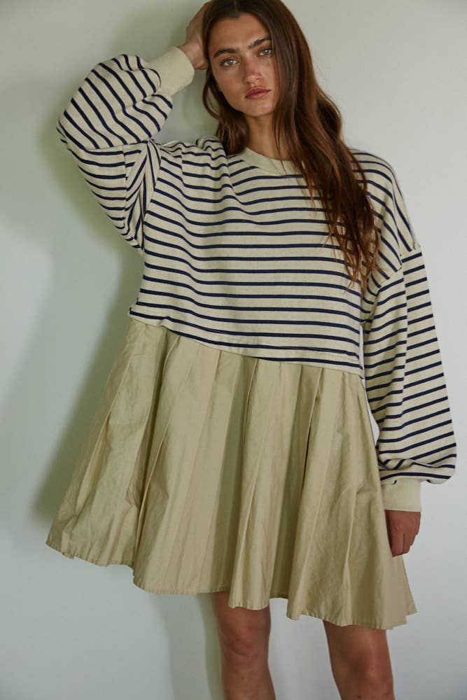 L7492 | Knit Long Sleeve Top with Woven Pleated Mini Dress: Natural Navy / L