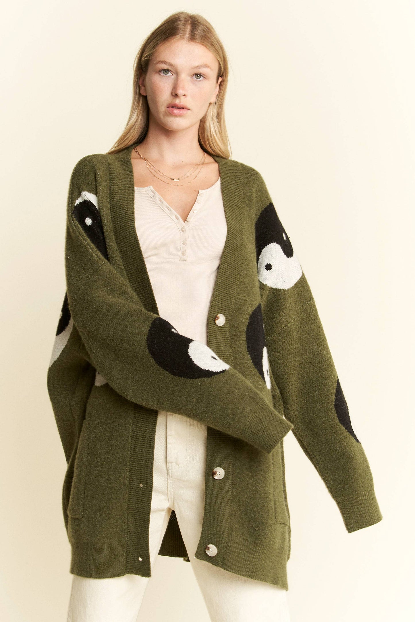 OVER SIZED YIN YANG CARDIGAN: OLIVE / S/M
