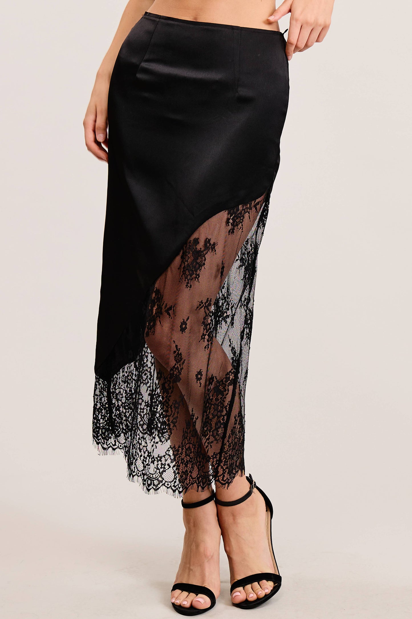 Asymmetrical Midi Skirt with Lace Contrast: Black / S