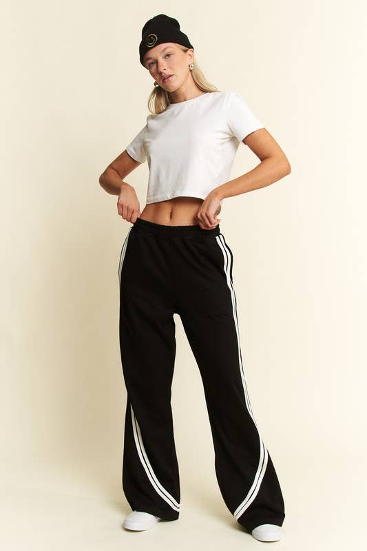 SOLID COTTON SIDE STRIPES WIDE LEG PANTS: Black / XL
