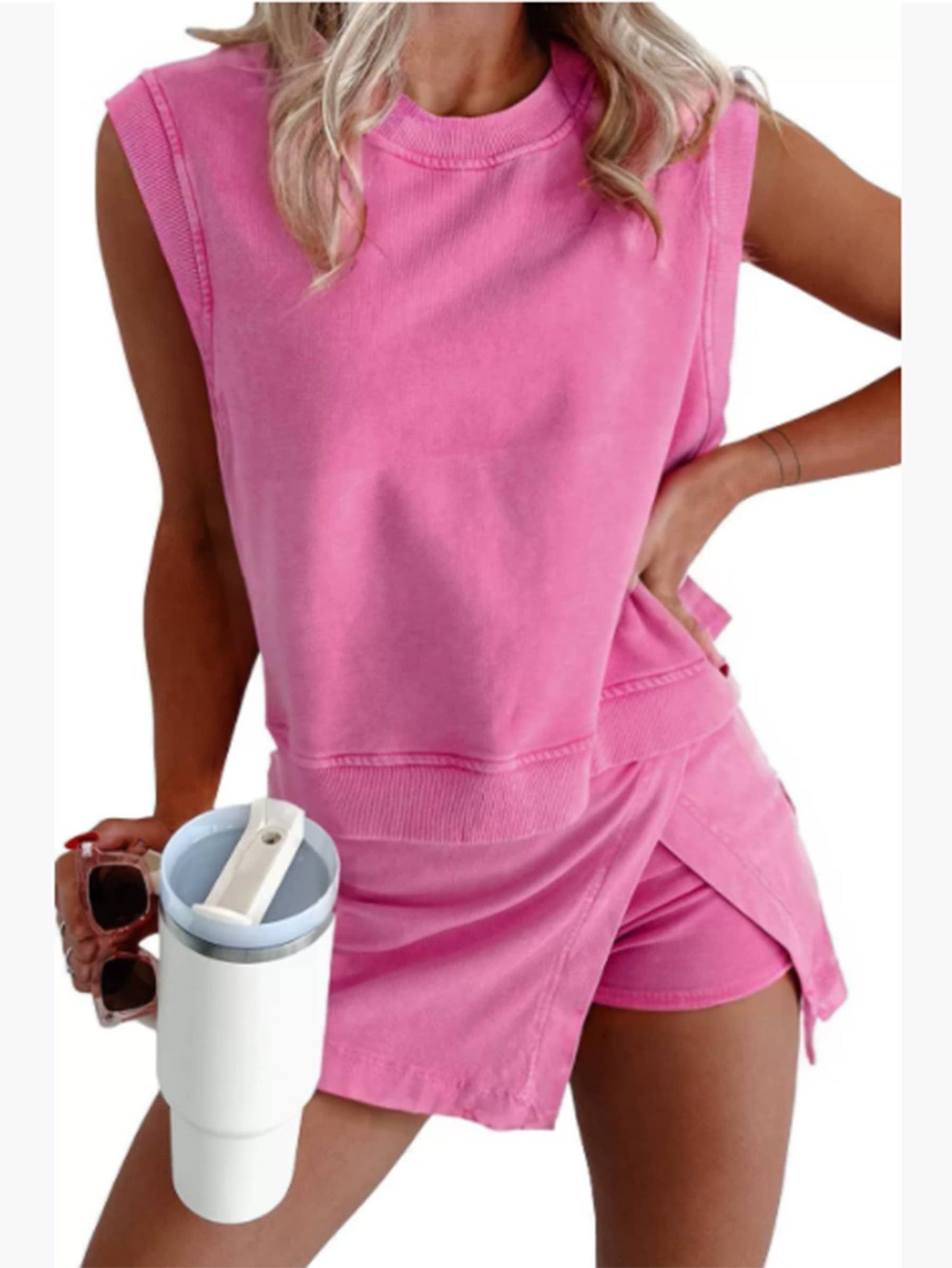 Sleeveless Top and Short Skirt Two Piece Set : Purple / M