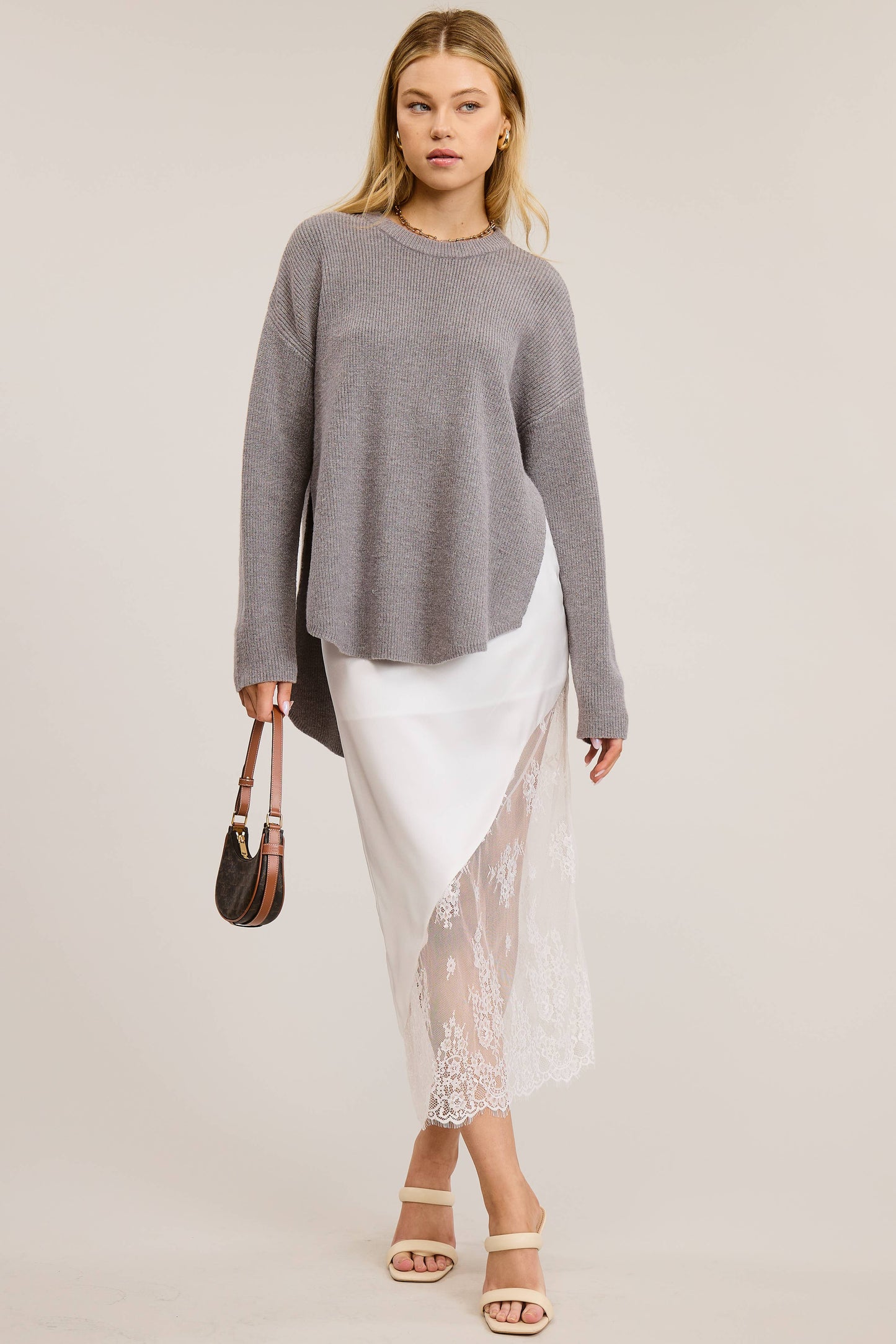 High Low Knit Sweater with Side Slit: Grey / S