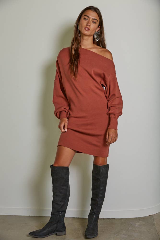W1775 | Knit Sweater One Side Off The Shoulder Mini Dress: Terracotta / L