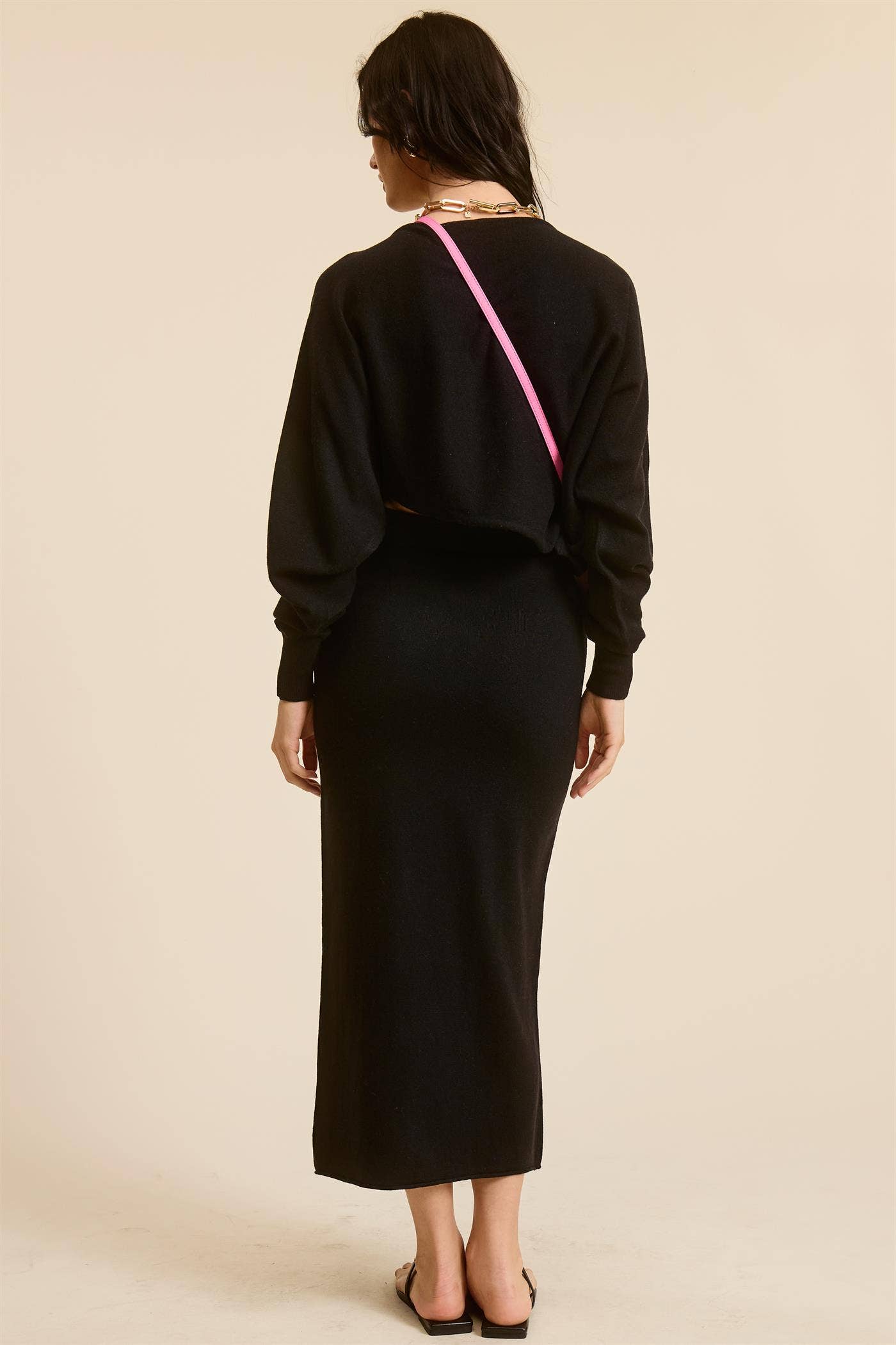 Asymmetrical Knit Top & Midi Skirt Matching Set: BLACK / M