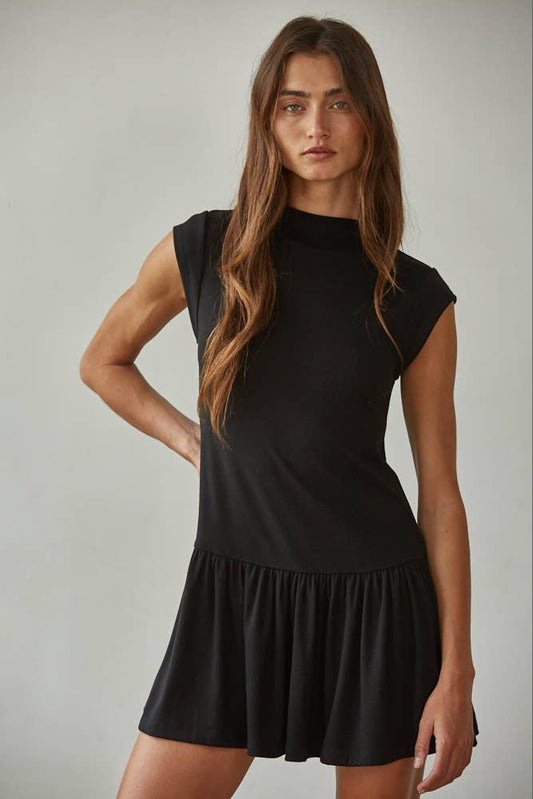 RJ3467 | Knit Polyester Rayon Spandex Mock Neck Mini Dress: Black / S