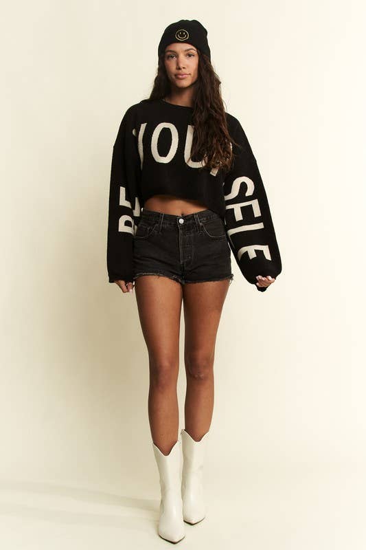 BE YOUR SELF SWEATER CROP TOP: Black / S/M
