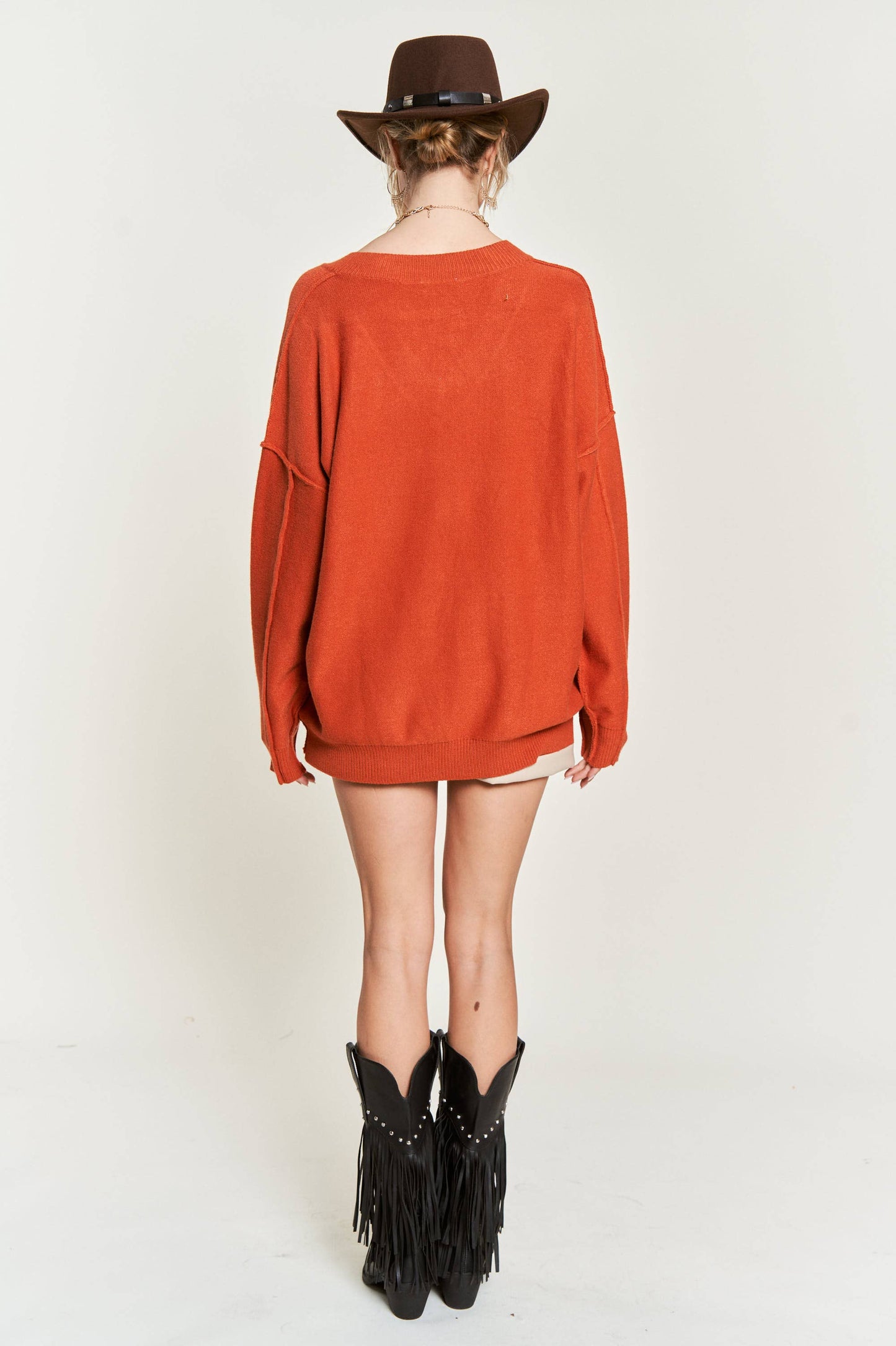 PLUS SIZE V-NECK OVERSIZED SWEATER: ORANGE / 2X