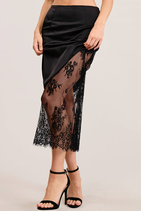 Asymmetrical Midi Skirt with Lace Contrast: Black / S