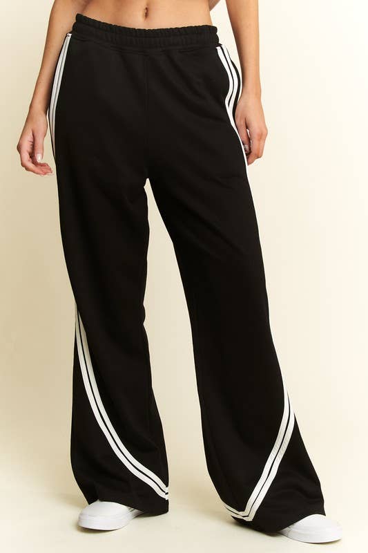 SOLID COTTON SIDE STRIPES WIDE LEG PANTS: Black / XL