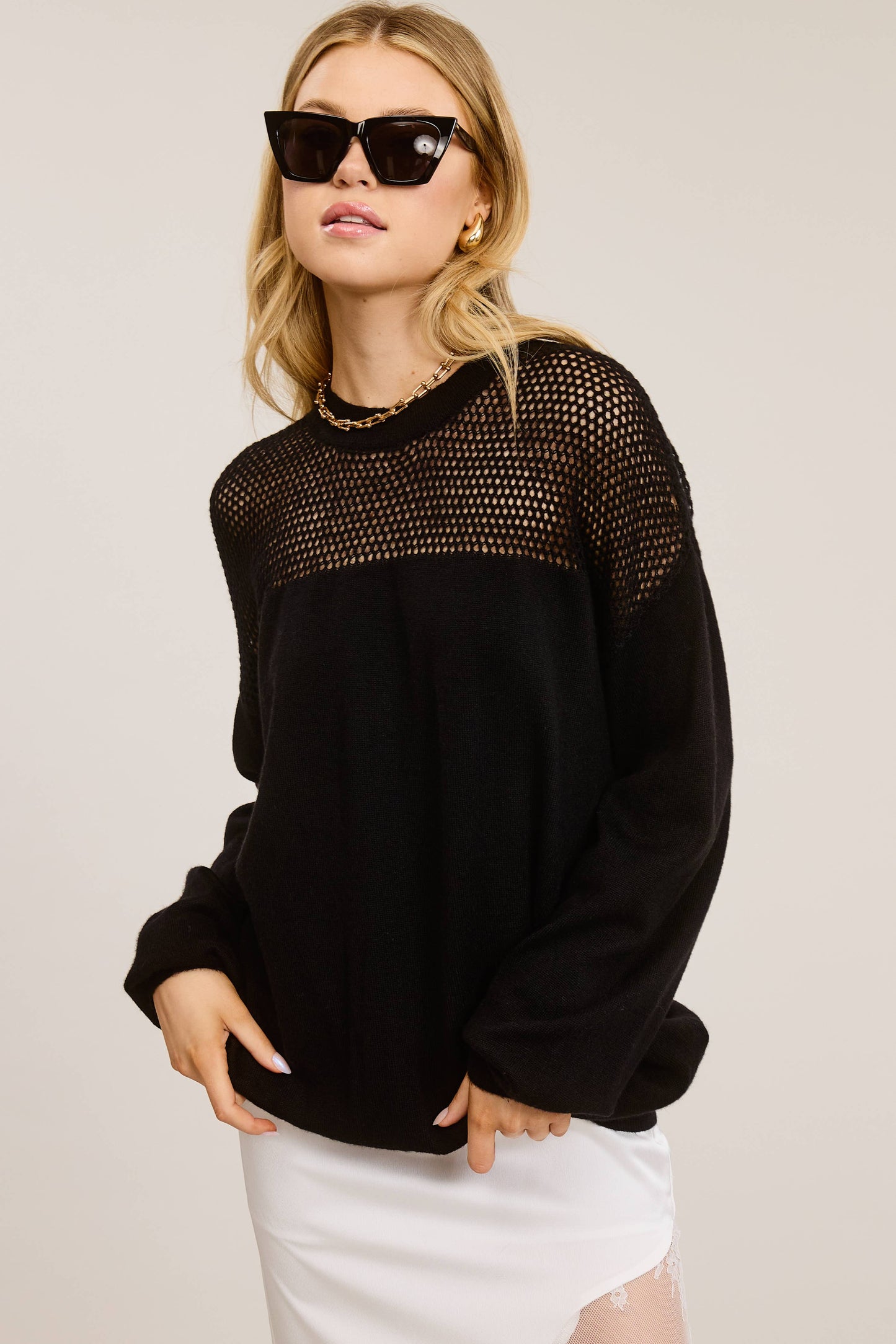 Crochet Mesh Long Sleeve Knit Sweater: Black / M