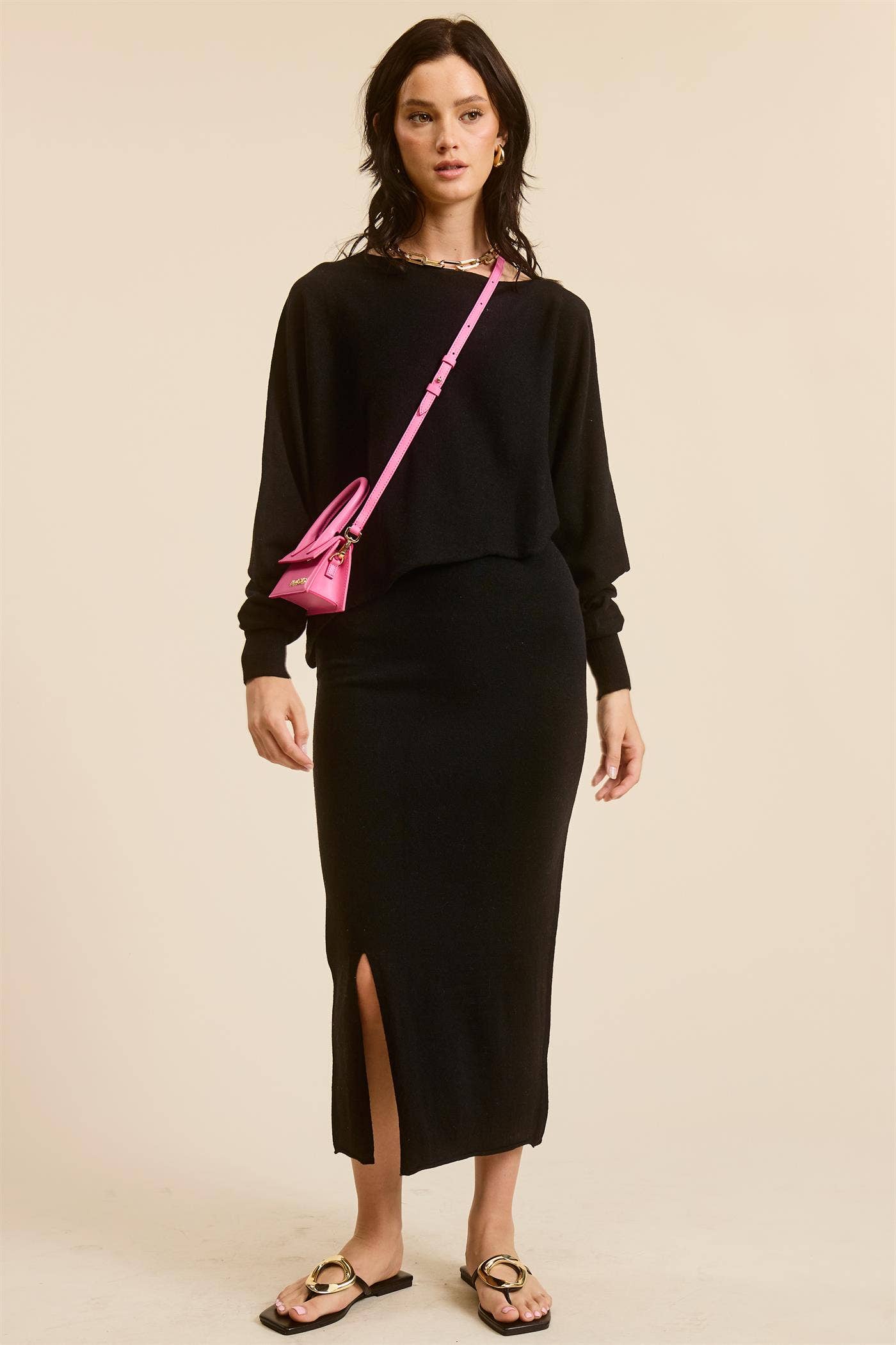 Asymmetrical Knit Top & Midi Skirt Matching Set: BLACK / S