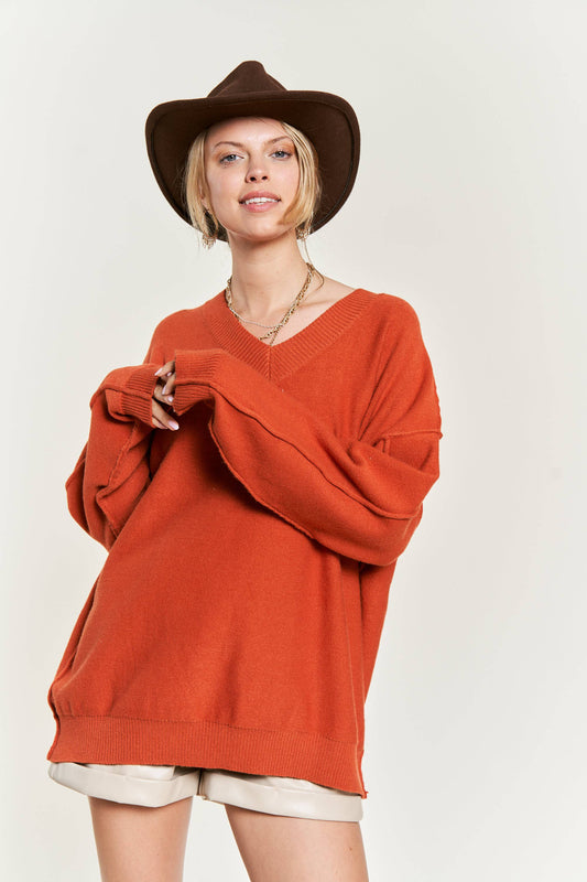 PLUS SIZE V-NECK OVERSIZED SWEATER: ORANGE / 1X