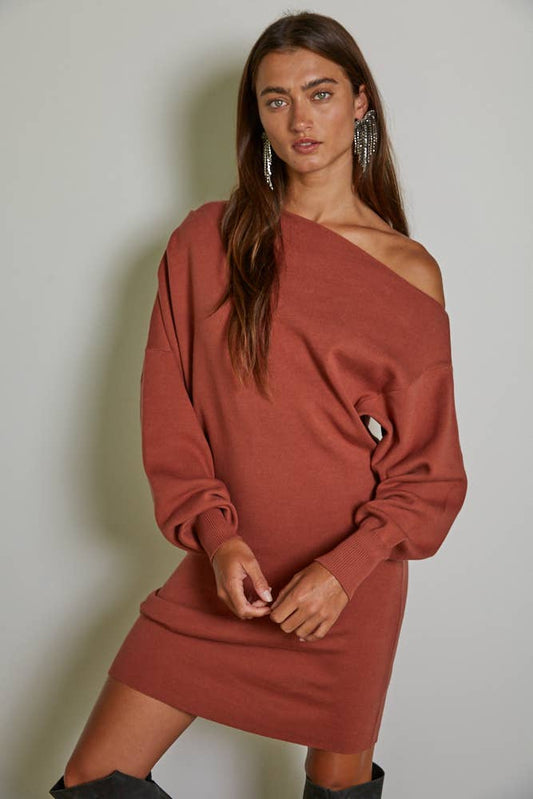 W1775 | Knit Sweater One Side Off The Shoulder Mini Dress: Terracotta / M