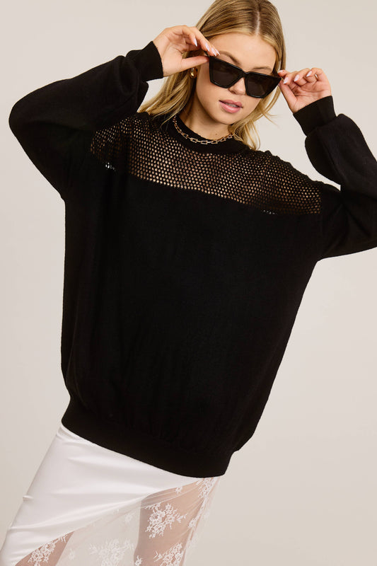 Crochet Mesh Long Sleeve Knit Sweater: Black / S