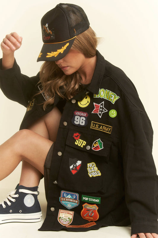 MULTI PATCH OVERSIZE JACKET KRT1720: Black / 3X
