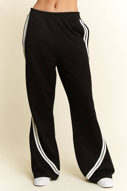 SOLID COTTON SIDE STRIPES WIDE LEG PANTS: Black / S
