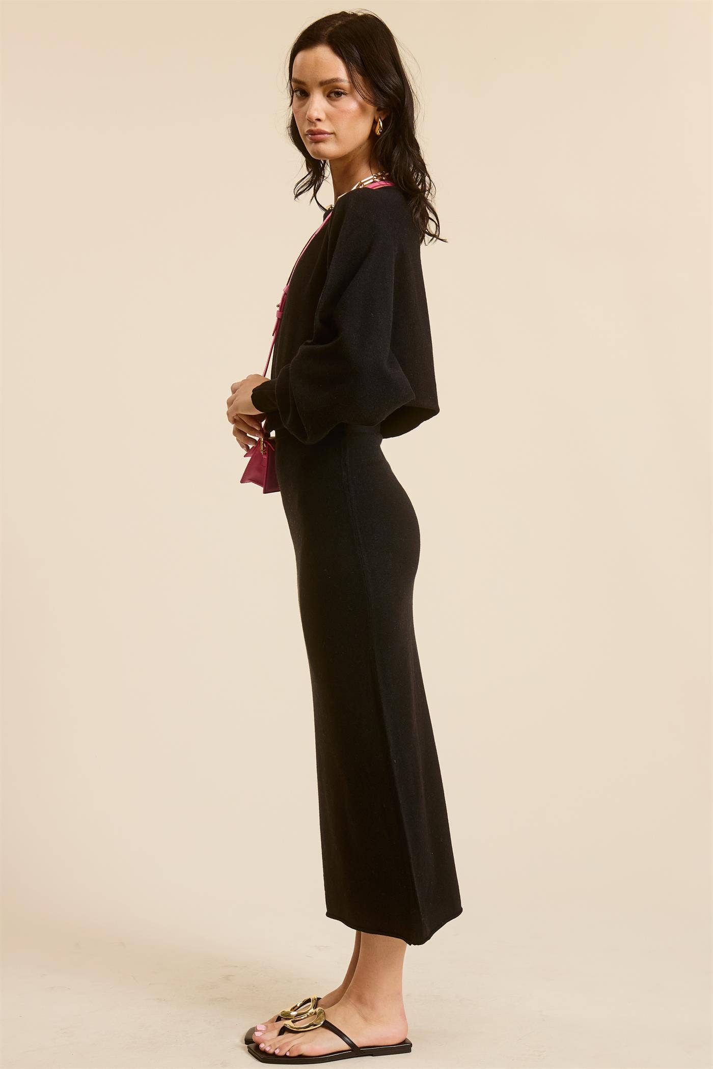 Asymmetrical Knit Top & Midi Skirt Matching Set: BLACK / S