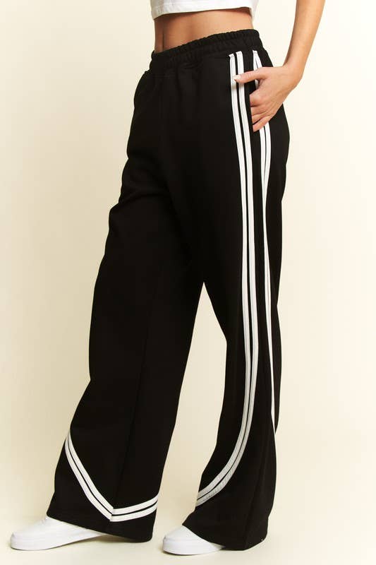 SOLID COTTON SIDE STRIPES WIDE LEG PANTS: Black / 1XL