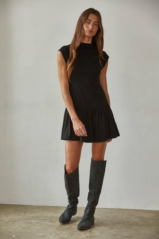 RJ3467 | Knit Polyester Rayon Spandex Mock Neck Mini Dress: Black / M