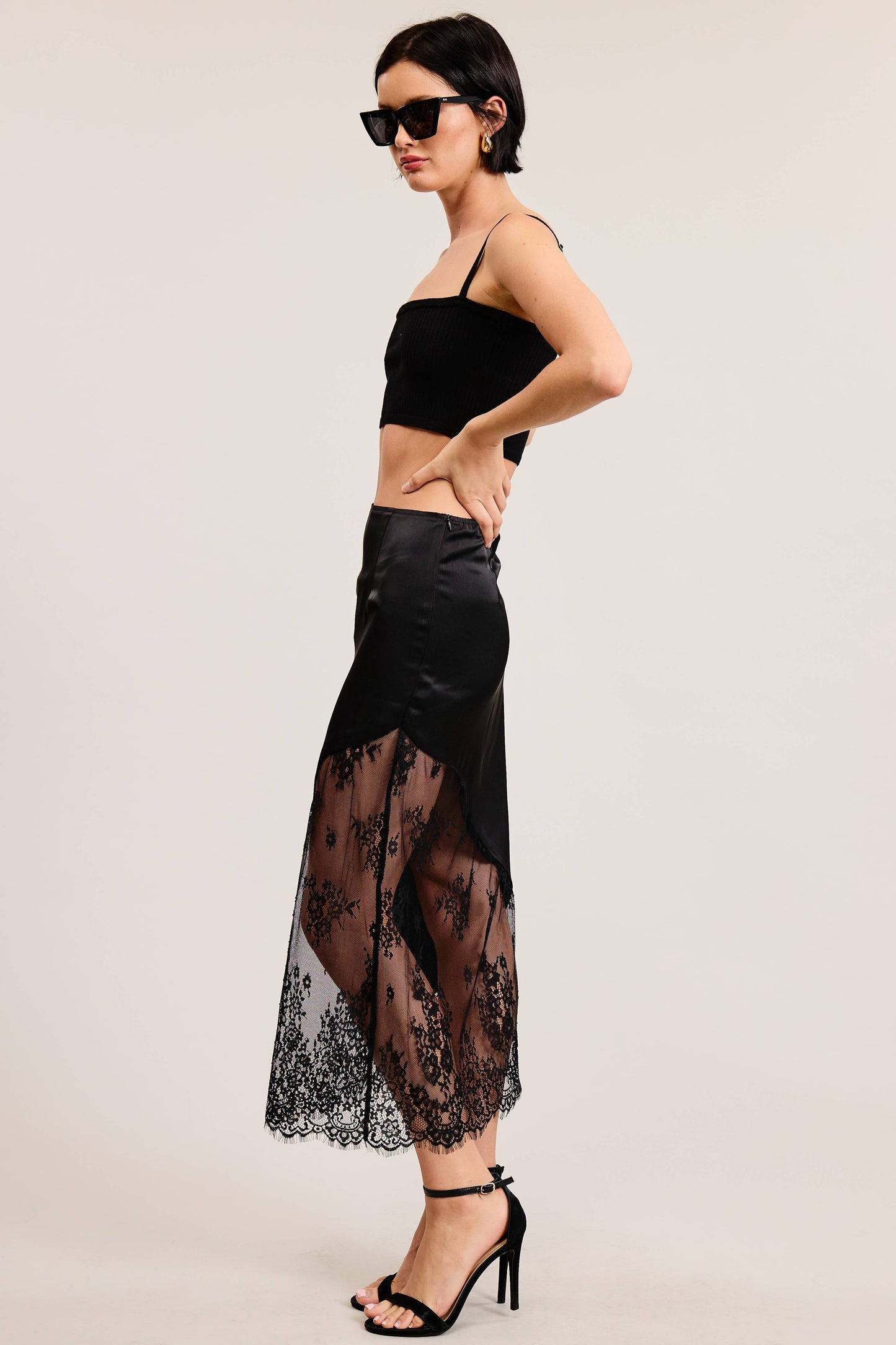 Asymmetrical Midi Skirt with Lace Contrast: Black / M