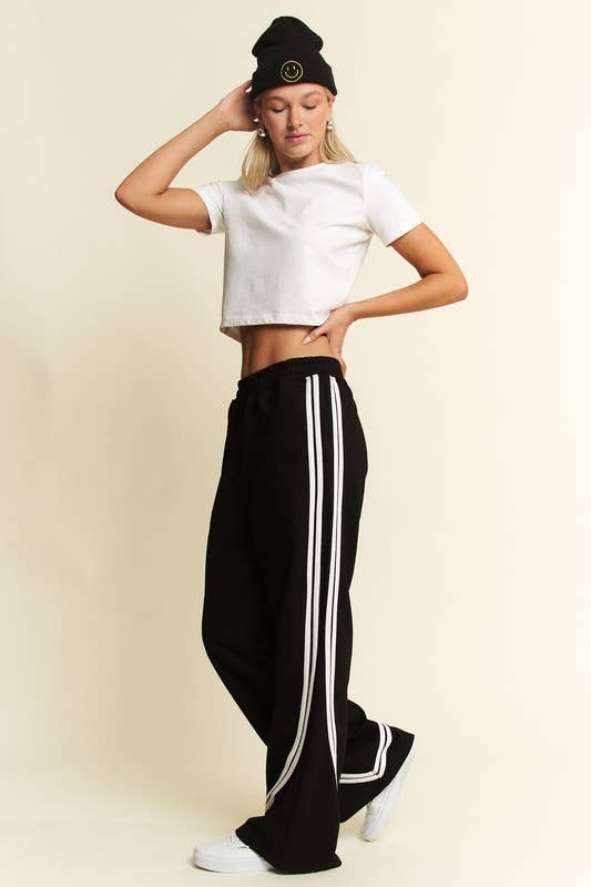 SOLID COTTON SIDE STRIPES WIDE LEG PANTS: Black / M
