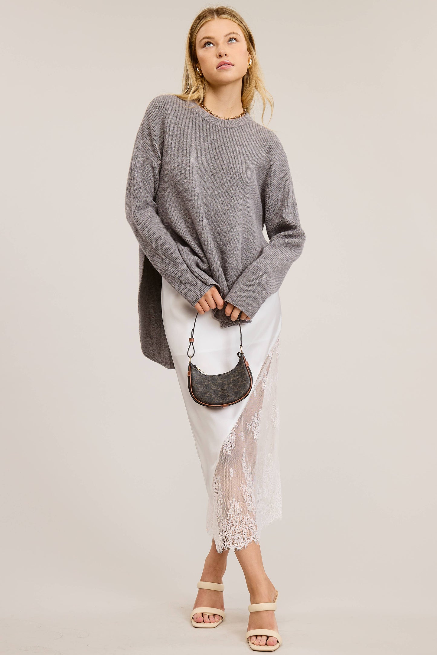 High Low Knit Sweater with Side Slit: Grey / L