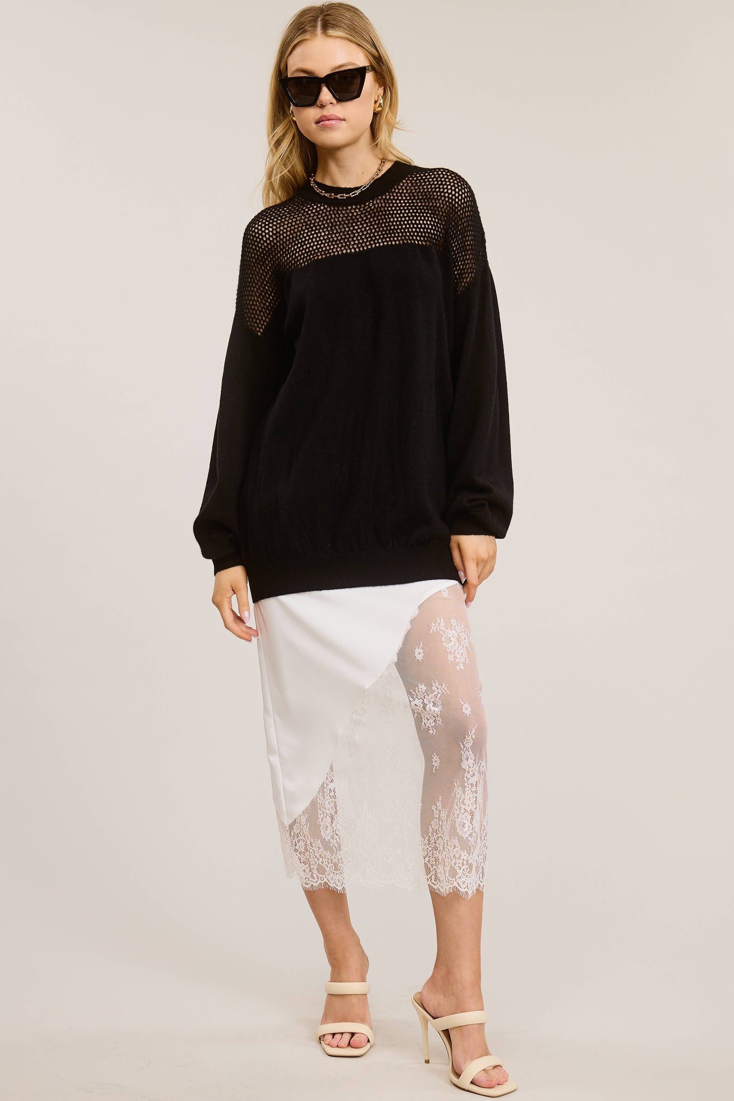Crochet Mesh Long Sleeve Knit Sweater: Black / M