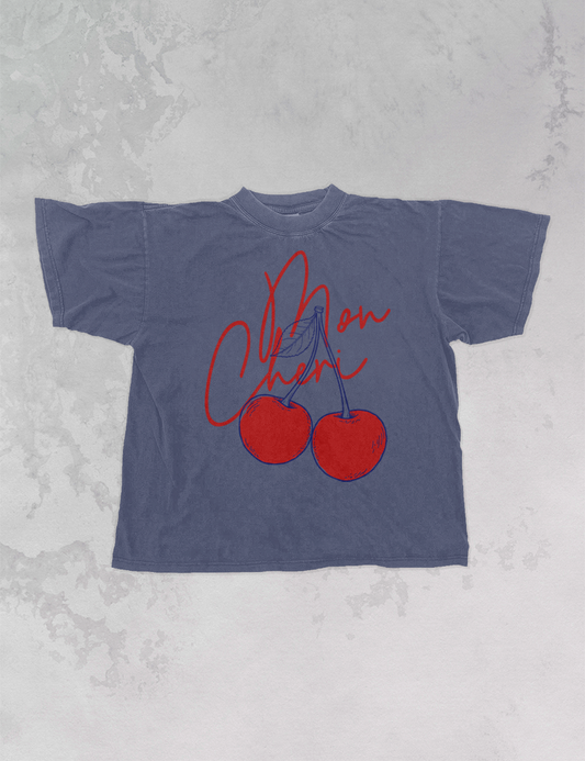 Mon Cheri, Cherries Oversized T-Shirt: Blue Jean / S/M