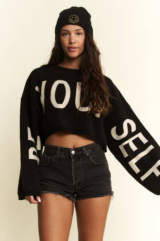 BE YOUR SELF SWEATER CROP TOP: Black / S/M