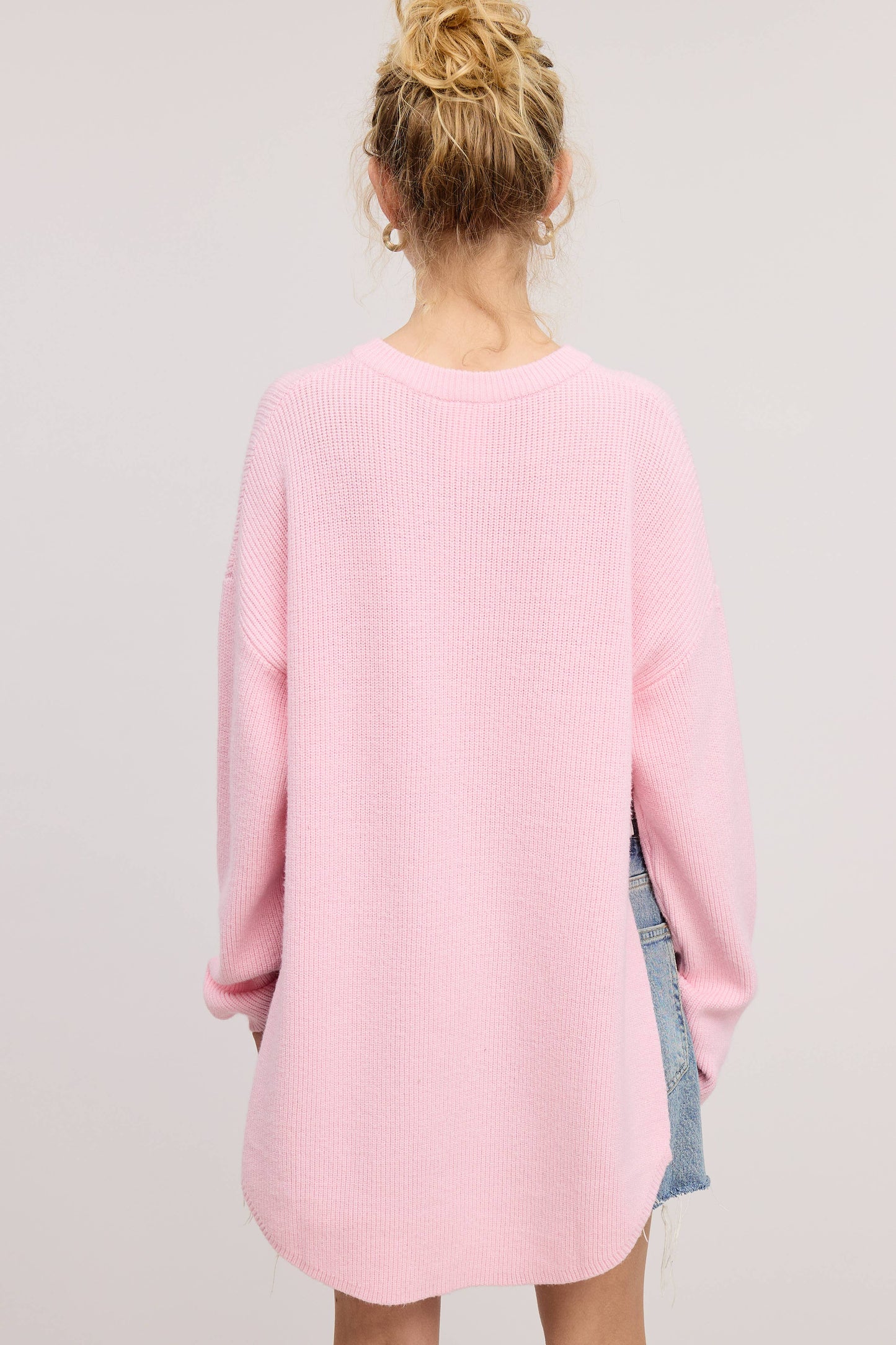 High Low Knit Sweater with Side Slit: Baby Pink / S