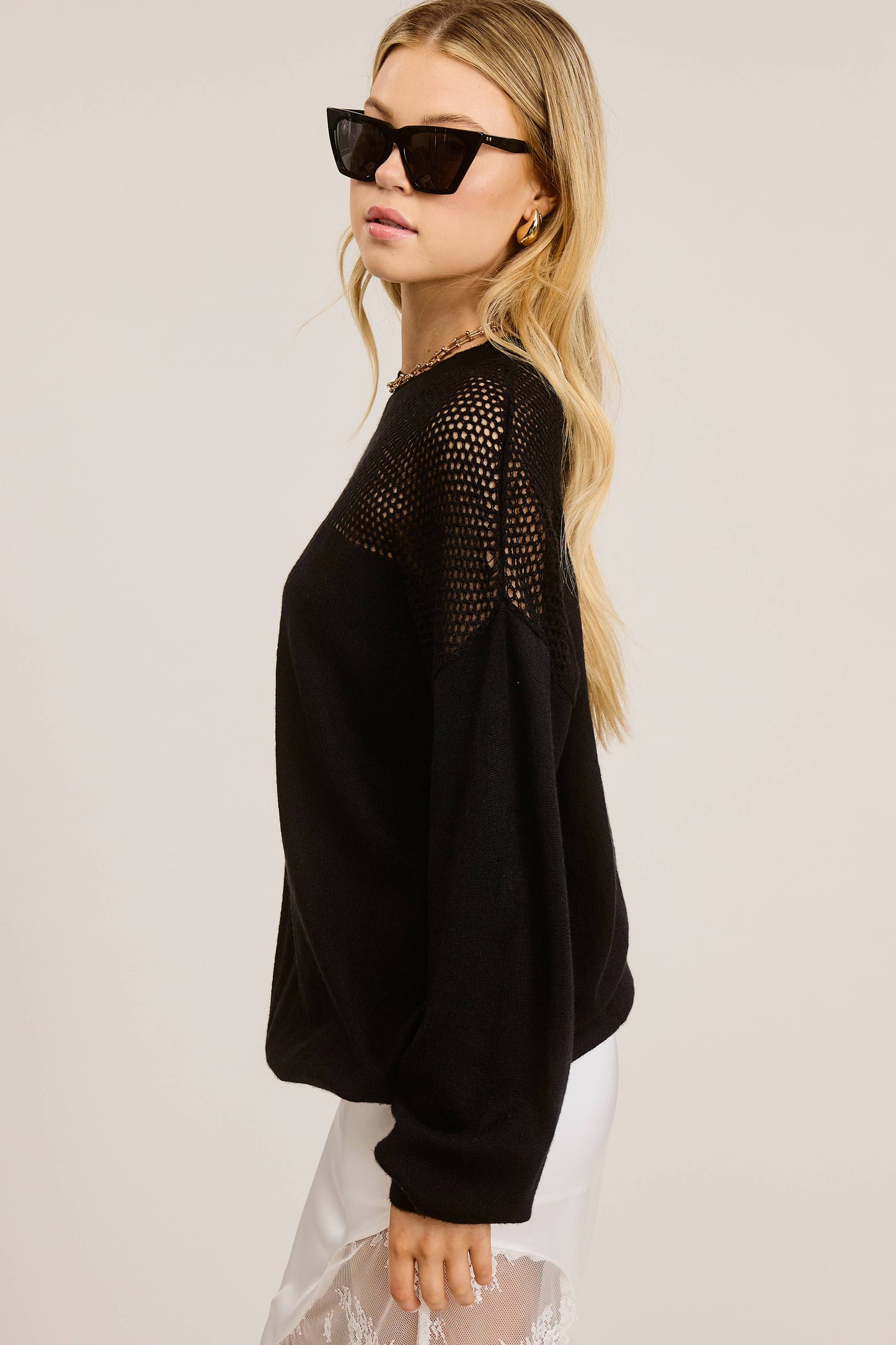 Crochet Mesh Long Sleeve Knit Sweater: Black / M