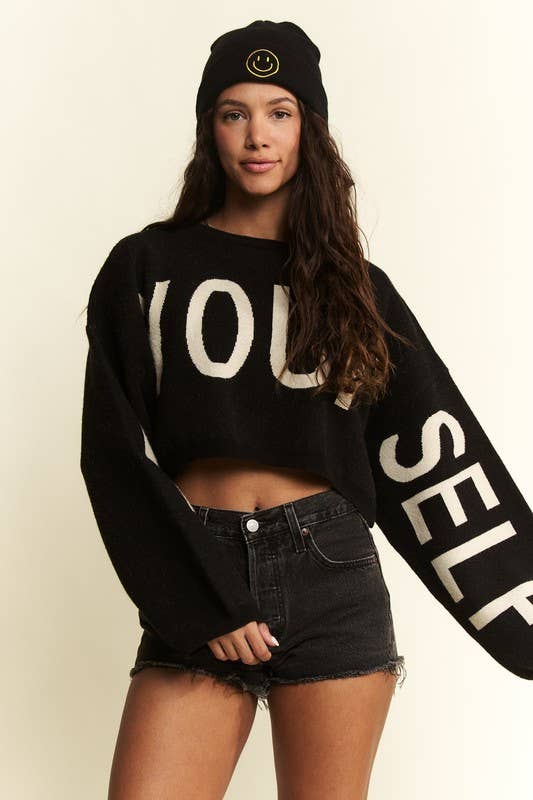 BE YOUR SELF SWEATER CROP TOP: Black / S/M