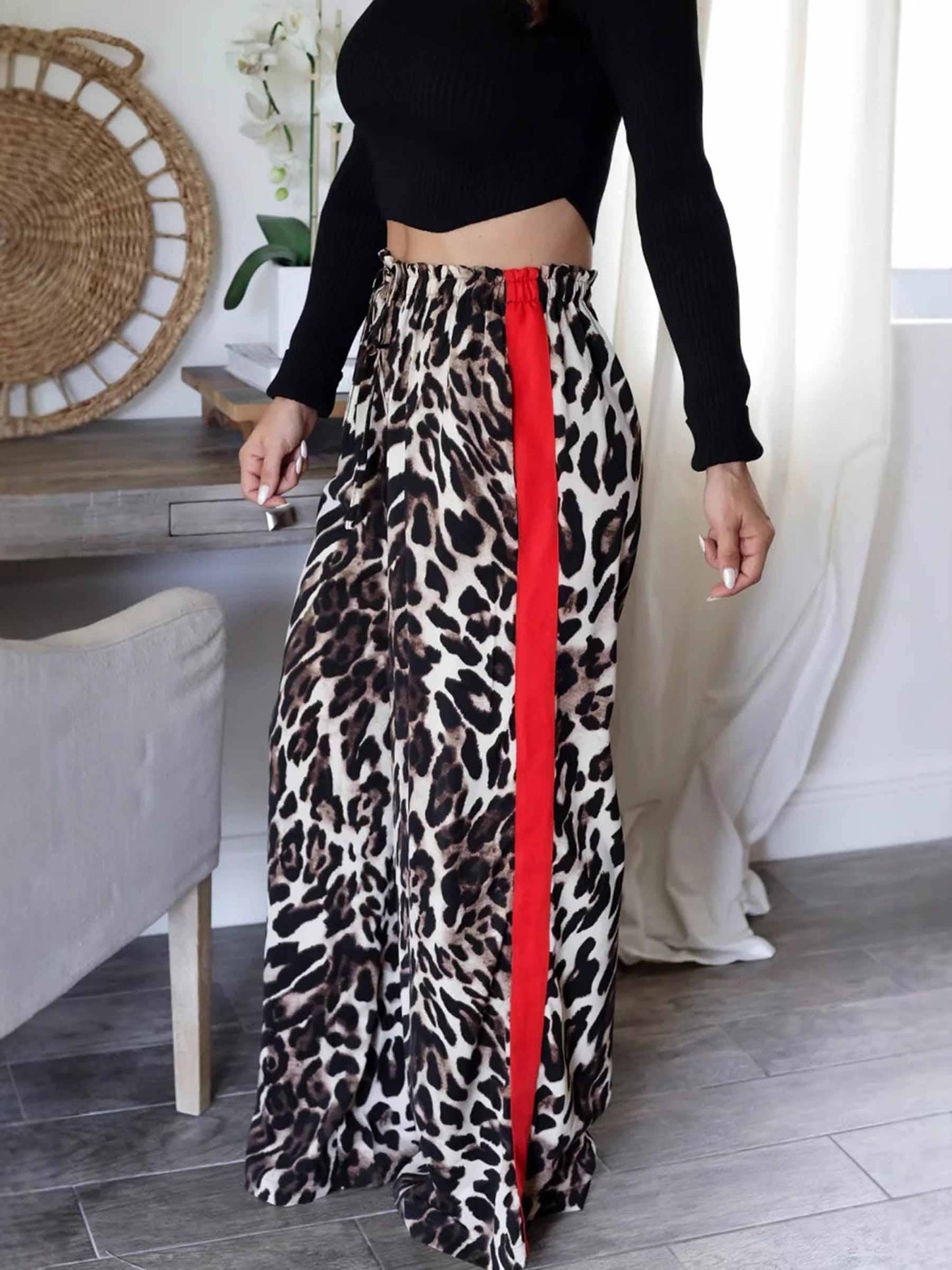 Leopard Print Patchwork Wide Leg Pants: Brown / XL