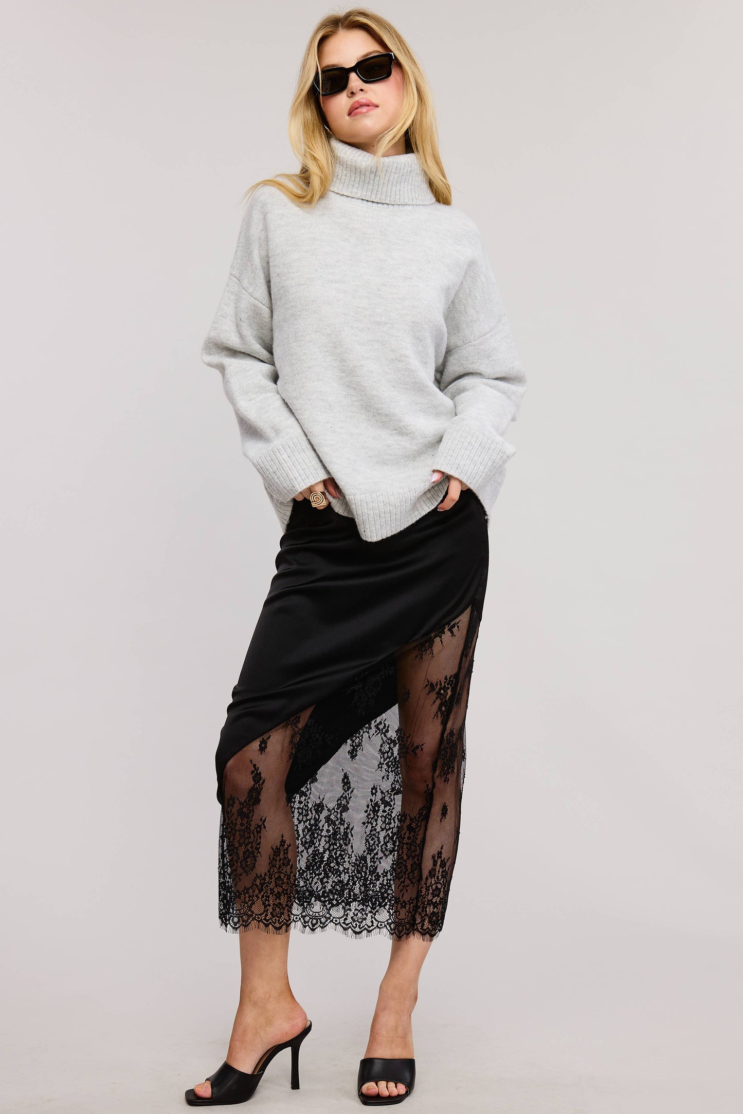 Asymmetrical Midi Skirt with Lace Contrast: Black / S