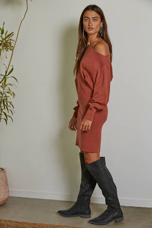 W1775 | Knit Sweater One Side Off The Shoulder Mini Dress: Terracotta / L