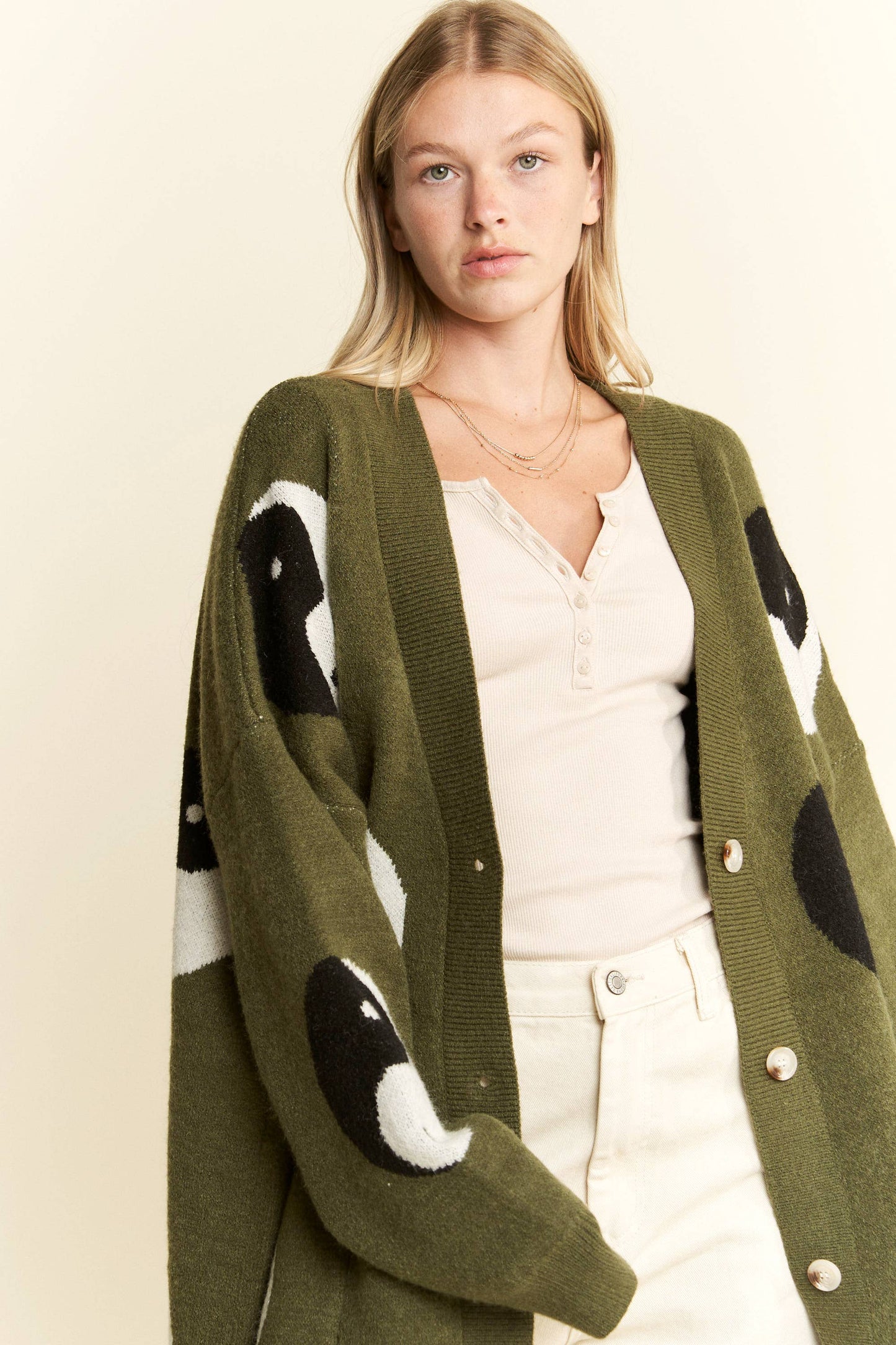 OVER SIZED YIN YANG CARDIGAN: OLIVE / S/M