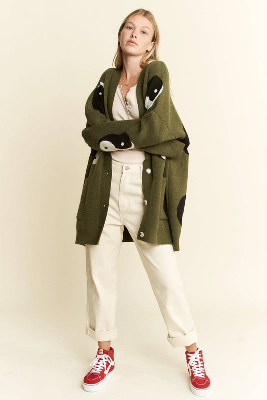 OVER SIZED YIN YANG CARDIGAN: OLIVE / 1X/2X