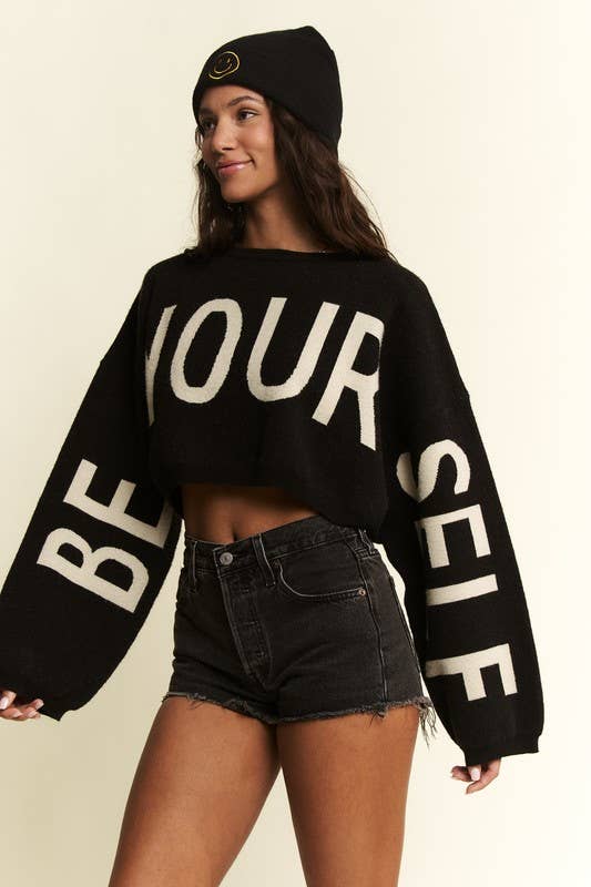 BE YOUR SELF SWEATER CROP TOP: Black / S/M