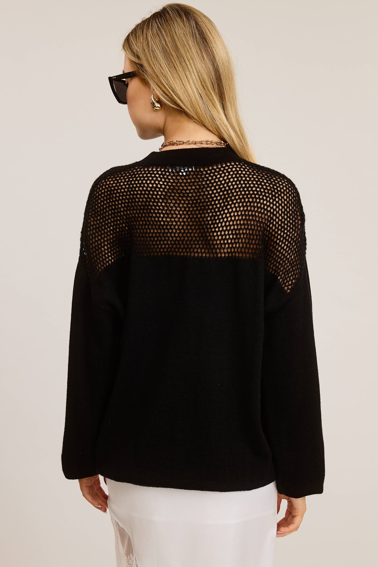 Crochet Mesh Long Sleeve Knit Sweater: Black / M
